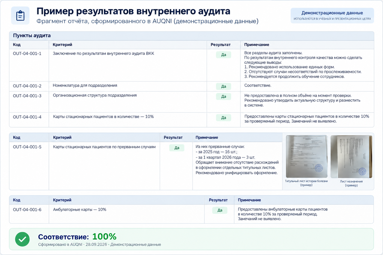 Интерфейс AUQNI: пример отчёта по демонстрационному аудиту